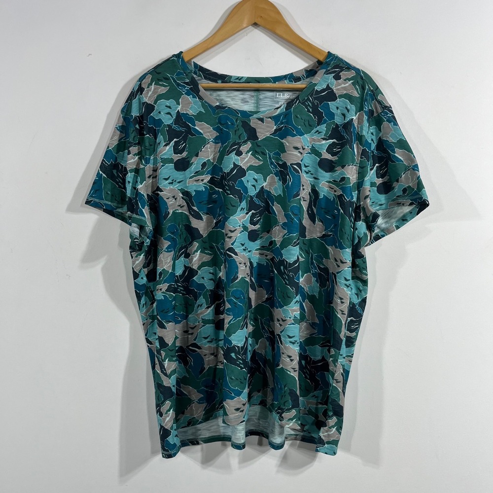 LL Bean Womens 2X Plus Blue Camo Leaf Print Active T-Shirt NWT Granola Boho